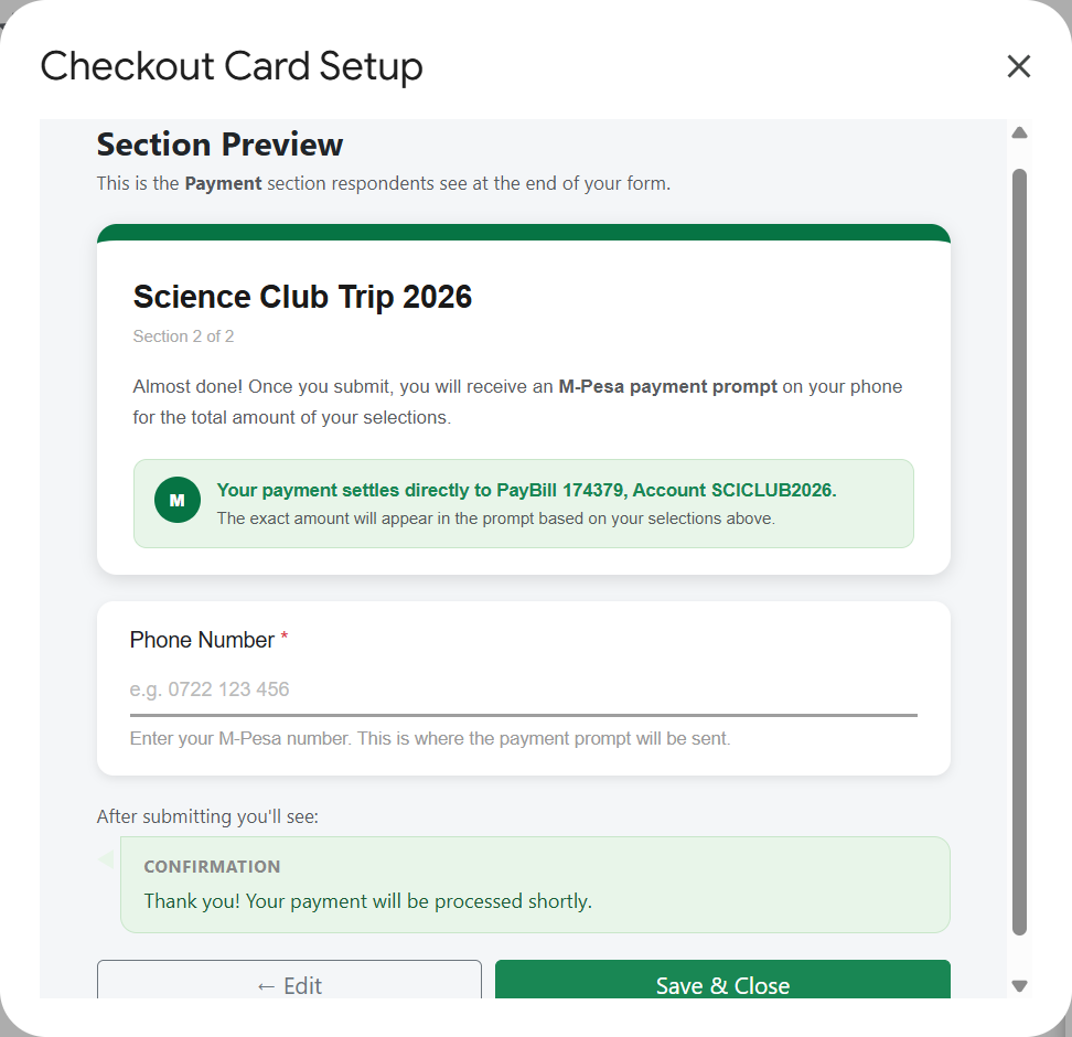 Preview of the Payment section people see at the end of the form