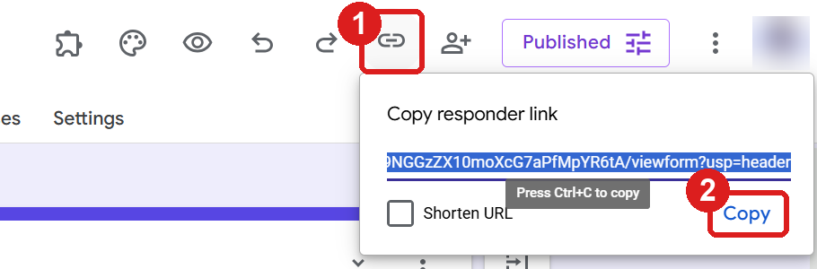 The link icon (1) and the Copy button (2) for the form link