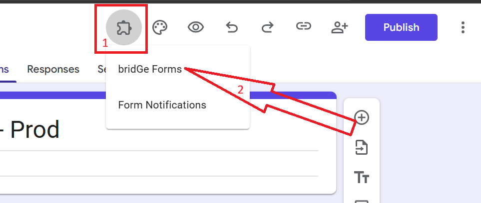 Google Forms toolbar: the Add-ons icon (1) opens a menu with bridGe Forms (2)