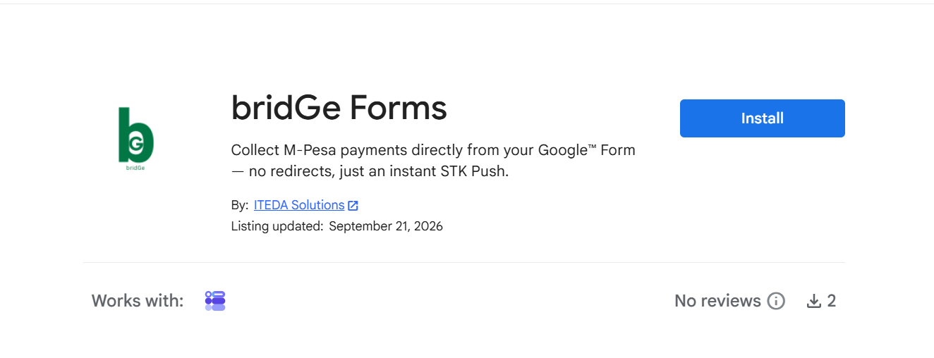 The bridGe Forms listing on the Google Workspace Marketplace, with the Install button