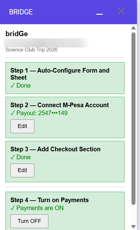 The bridGe panel showing Payments are ON
