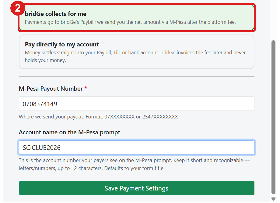 bridGe collects for me (2), with the M-Pesa payout number and the account name payers see