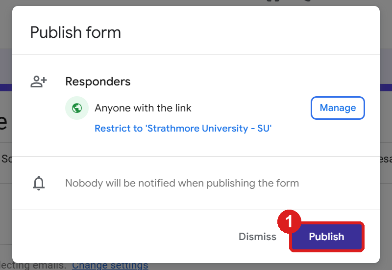 The Publish form dialog with the Publish button (1)