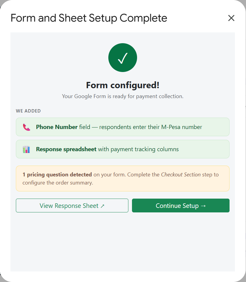 bridGe confirms it added a Phone Number field and a response sheet with payment columns